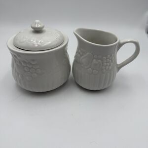 Libbey White Creamer & Sugar Bowl with Lid Embossed Fruit Pattern Porcelain